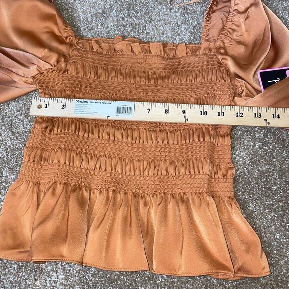 Mixed thread Smocked Peasant long Sleeve Ruffle Blouse Long Textured Satin SZ M - Picture 8 of 9